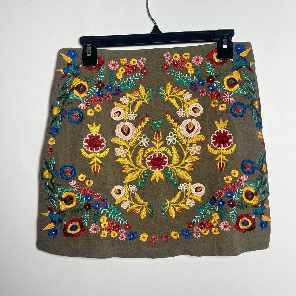 Altar'd State Dark Green Floral Embroidered Mini Skirt
